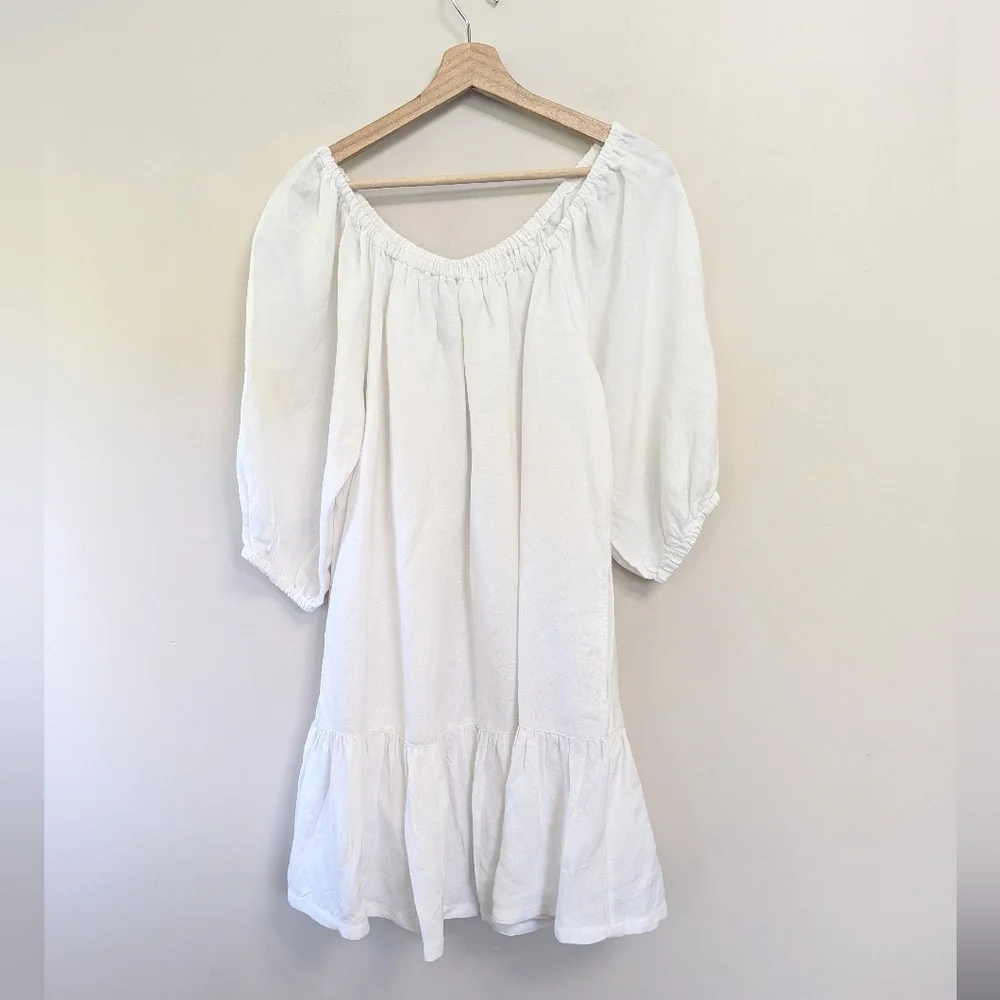 Tommy Bahama White Linen Dress Preppy Beach Puff Sleeve‎ Coastal